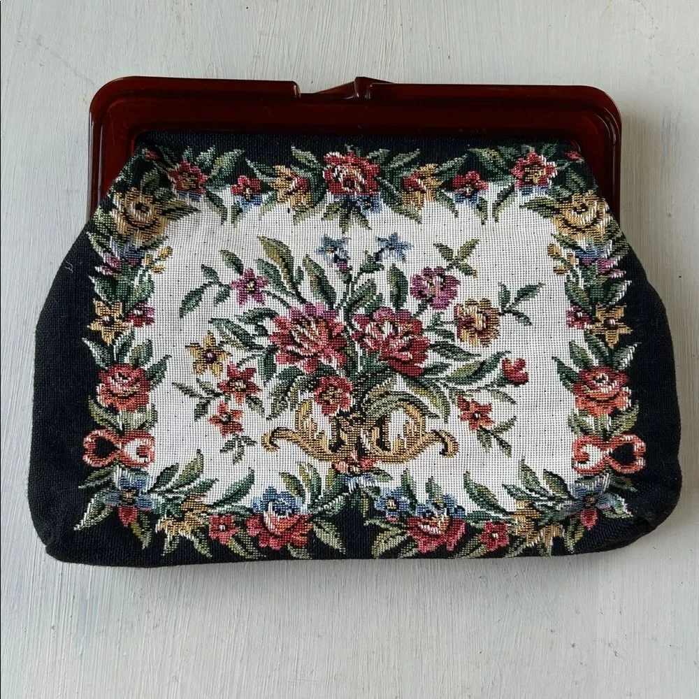 Floral Embroidered Clutch with Red Brown Lucite Frame EUC